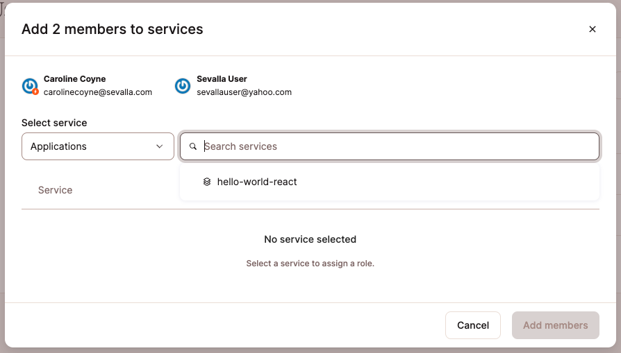 Select a service to add users to.