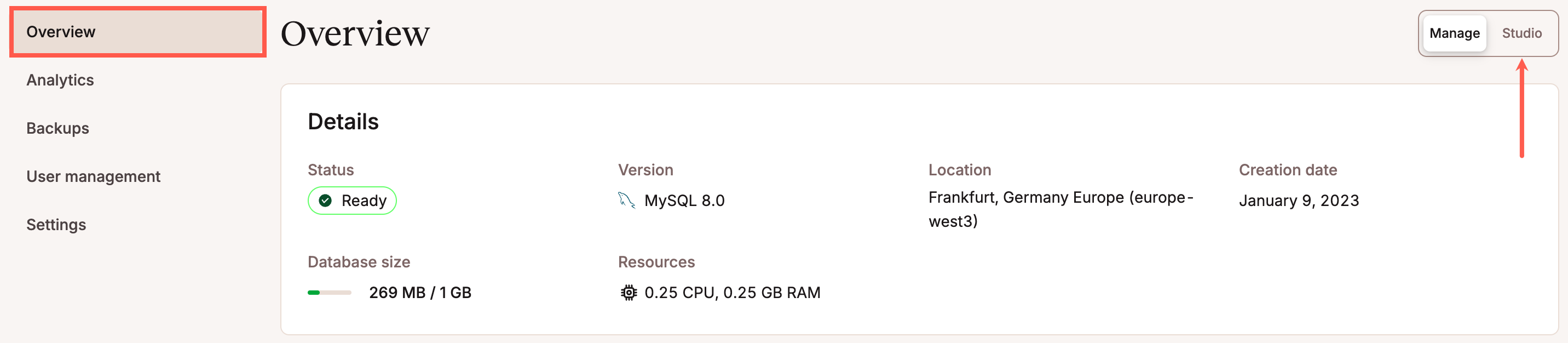 Access the Database studio.