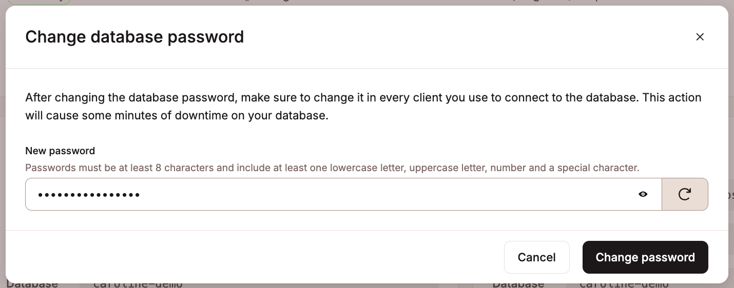 Change the database password for internal and external connections.
